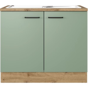 Flex-Well Spülenschrank Cara, 100 cm, Schilfgrün/Artisan Eiche, mit Spüle und schwarzen Griffen.