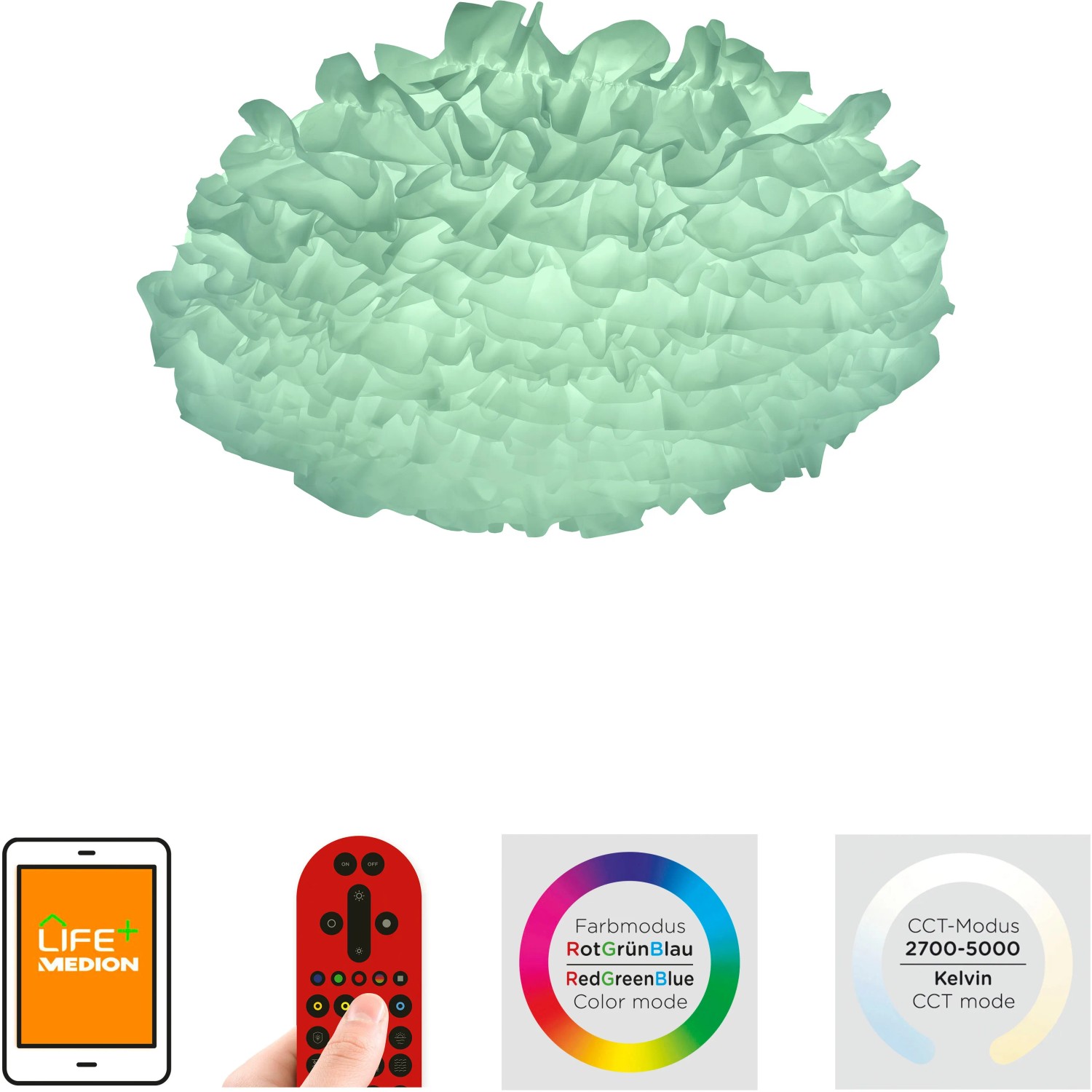 Smarte LED-Deckenleuchte LOLAsmart-Naomi, weiß, Ø 75 cm mit Stoffschirm und Steuerung per App und Fernbedienung.