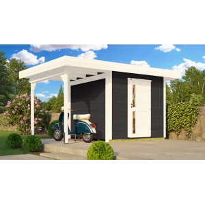 Modernes, anthrazitfarbenes Weka Holz-Gartenhaus Designhaus 172 mit Flachdach und überdachtem Bereich.