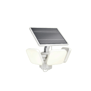 Weißer Philips Solar LED-Außenstrahler Zyren mit Solarpanel und drei Leuchten.