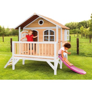 Axi Stef Spielhaus Braun - Weiß mit Lila Rutsche 212 x 349 x 233 cm