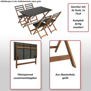 Klappbare Akazienholz Sitzgruppe, natur-schwarz, bestehend aus Tisch und vier Stühlen.
