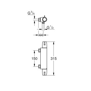 Technische Zeichnung: Grohe Grohtherm Special Thermostat-Brausebatterie, Maße und Anschlüsse.