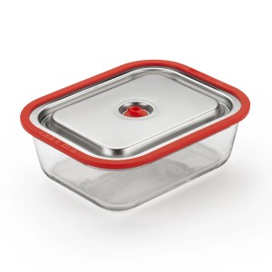 Magic Vac Vakuumierbehälter Free Flach 1,9 l aus Glas mit Metalldeckel und rotem Silikonrand.