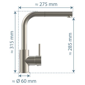 Schütte Sensor-Spültischarmatur Vital Edelstahl mit ausziehbarem Auslauf, Seitenansicht mit Maßangaben.