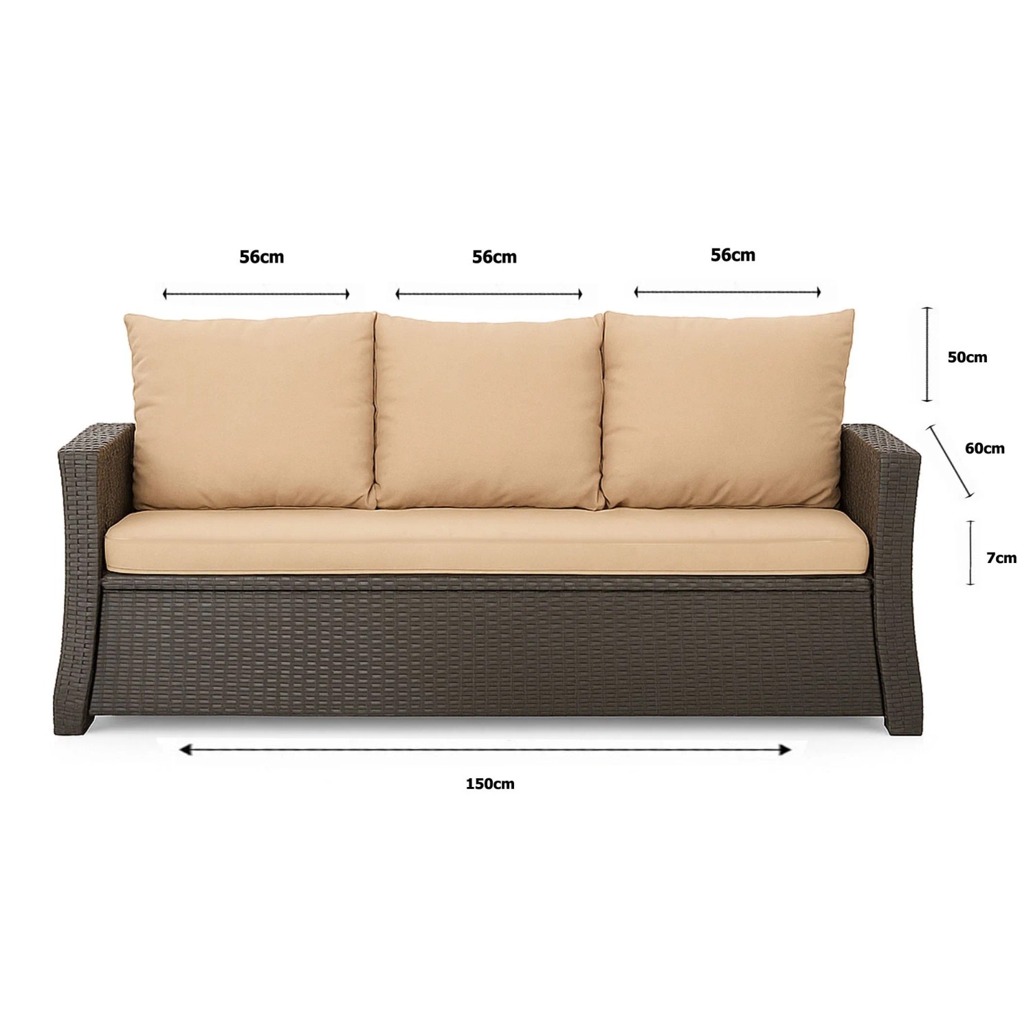 Beiges 3-Sitzer Gartensofa mit Polyrattan und Kissen Setgarden Mix-Techno 150x60x50 cm.