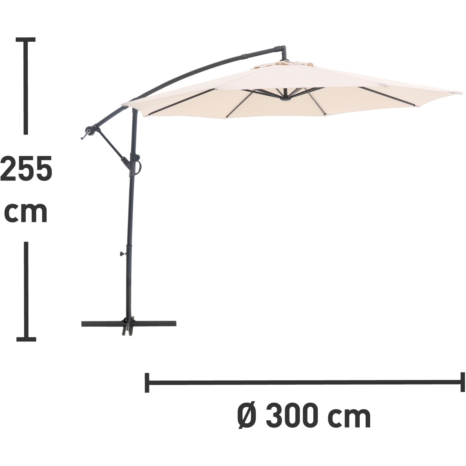 Beiger Ampelschirm Alvarado, Ø 300 cm, mit Kurbel und seitlichem Mast für Garten und Terrasse.
