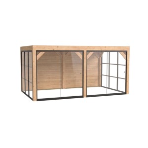weka Gartenlaube Lumley aus Fichte mit Flachdach, Glasschiebetüren und Holzwänden. Moderne Terrassenüberdachung.