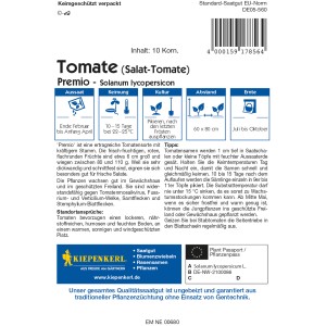 Kiepenkerl Tomate Premio F1-Hybride Samenpackung mit Infos zu Aussaat, Keimung und Ernte.