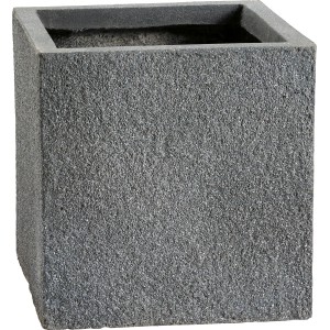 Anthrazitfarbener, eckiger Pflanztopf (39x39x40 cm) aus Fibreclay mit rauer Oberfläche.