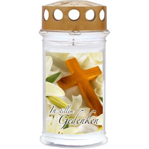 Motiv-Grablicht mit Kreuz und Lilien, In stillem Gedenken, Brenndauer 5 Tage.