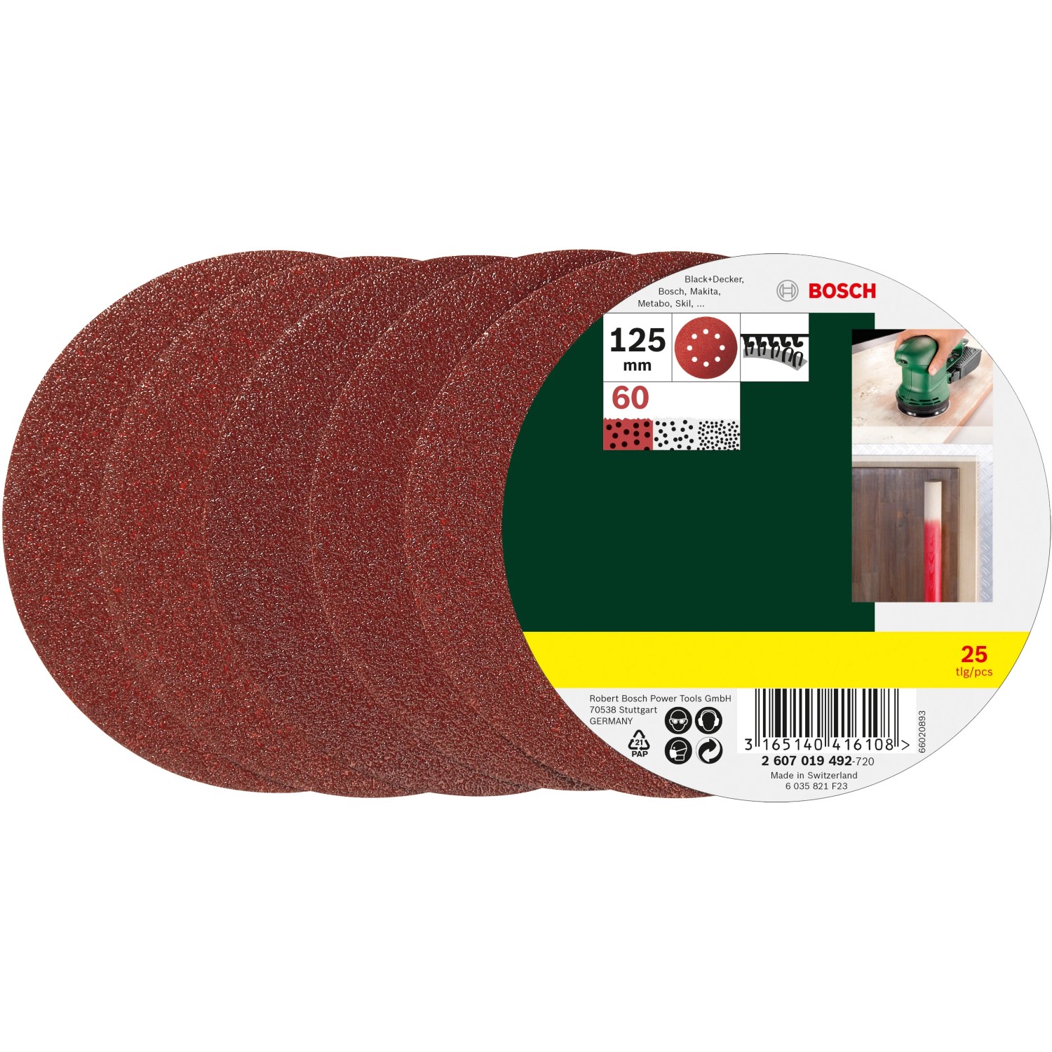 Bosch Schleifblatt-Set, 25 Stück, Körnung K60, Ø 125 mm, für Exzenterschleifer.