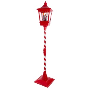 Große rote LED-Laterne mit rot-weiß gestreiftem Mast, Schneefall-Funktion und Weihnachtsmann-Figur. 185 cm Weihnachtsdekoration.