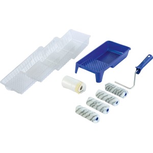 LUX Dispersionsset, 10-teilig: Farbwanne, Einleger, Farbwalzen, Bügel und Abdeckfolie für Malerarbeiten.