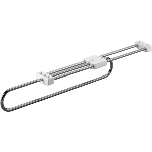 Ausziehbarer Hettich Kleiderbügelhalter, 350 mm, Stahl verchromt mit weißen Kunststoffelementen.