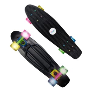 Zwei schwarze Muuwmi Skateboards mit leuchtenden, bunten LED-Rollen. Rutschfestes Deck, ideal für Sport & Fitness.