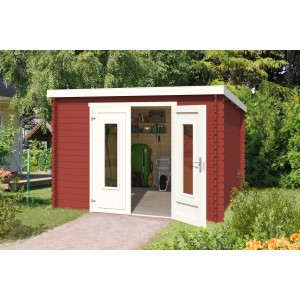 Lasita Holz-Gartenhaus Sacramento in Schwedenrot mit geöffneten Doppeltüren.
