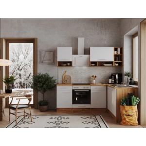 Respekta Winkelküche in Weiß und Wildeiche Nachbildung mit E-Geräten.