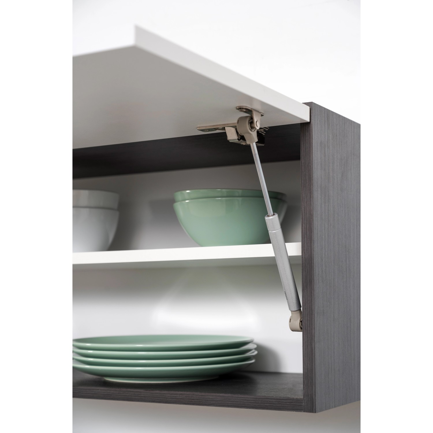 Detailaufnahme eines Oberschranks der Respekta Premium Küchenzeile in Schwarz Hochglanz-Eiche Grau mit Lifttür.