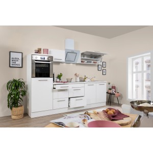 Respekta Premium Küchenzeile 270 cm in Weiß Hochglanz mit E-Geräten und viel Stauraum.