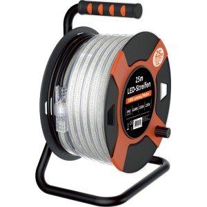 Kabeltrommel mit 25 m LED Lichtband, aufgerollt auf schwarzer Trommel mit orangefarbenen Akzenten.