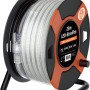 Kabeltrommel mit 25 m LED Lichtband, aufgerollt auf schwarzer Trommel mit orangefarbenen Akzenten.
