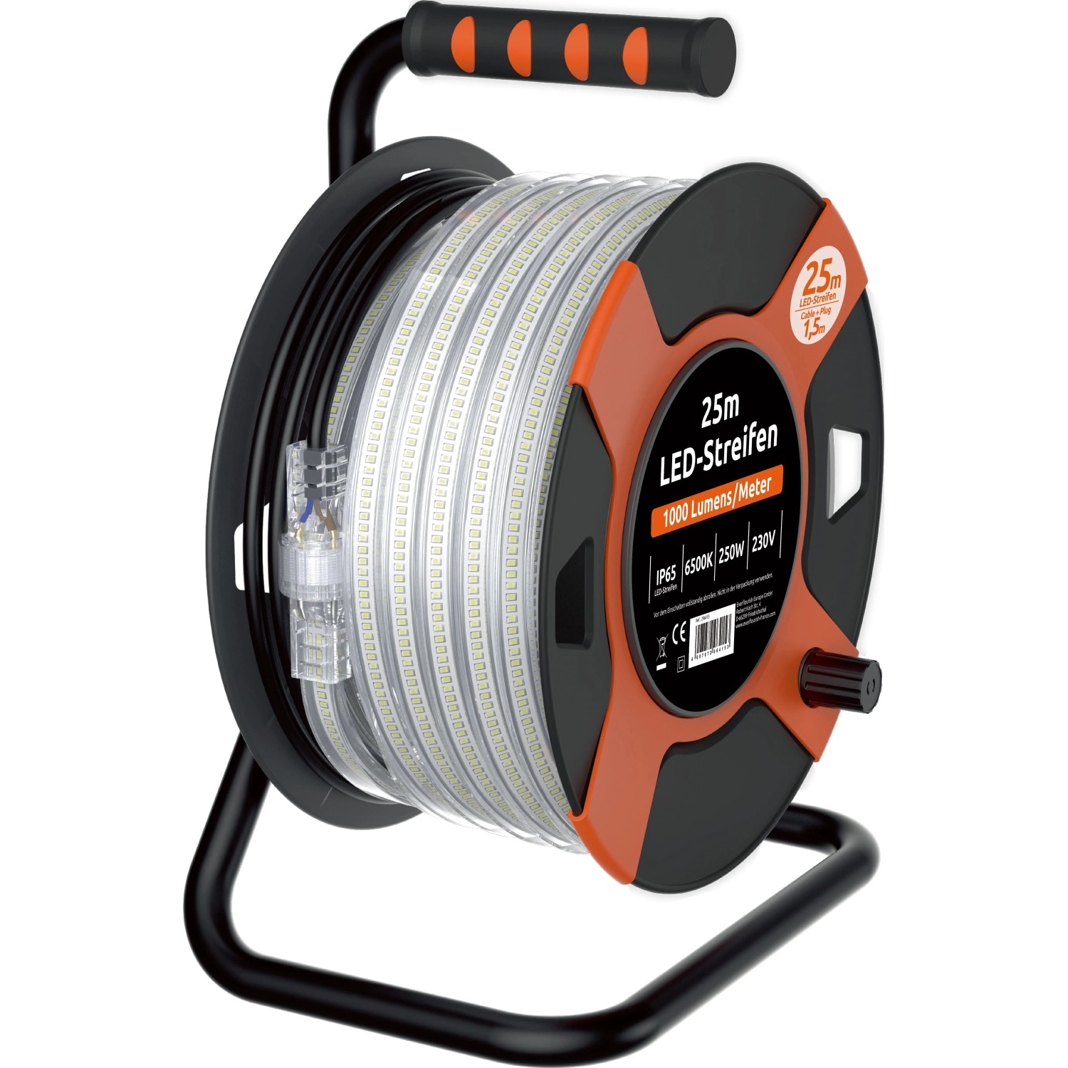 Kabeltrommel mit 25 m LED Lichtband, aufgerollt auf schwarzer Trommel mit orangefarbenen Akzenten.