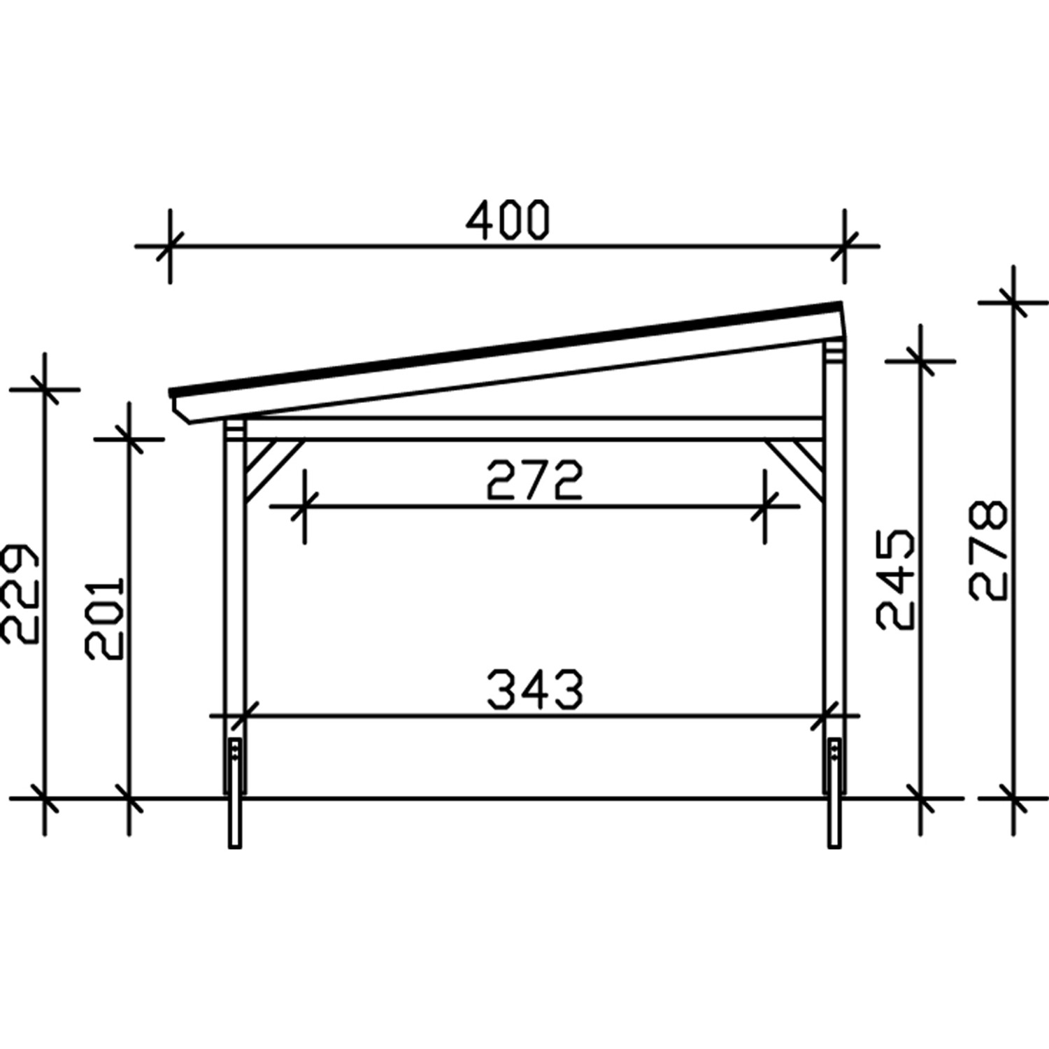 Technische Zeichnung: Skan Holz Terrassenüberdachung Siena, 434x400 cm, Eiche hell, Maße