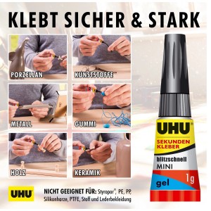 Uhu Sekundenkleber Mini Gel, 3x1g Tube in Box, für Porzellan, Kunststoff, Metall, Gummi, Holz und Keramik.