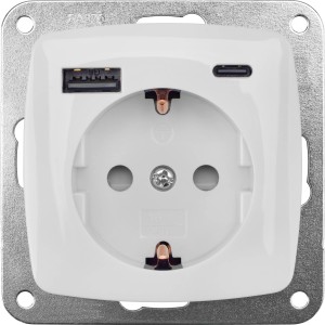 Polarweiße 2-polige Steckdose mit USB-A und USB-C Anschluss für Schalterprogramme.