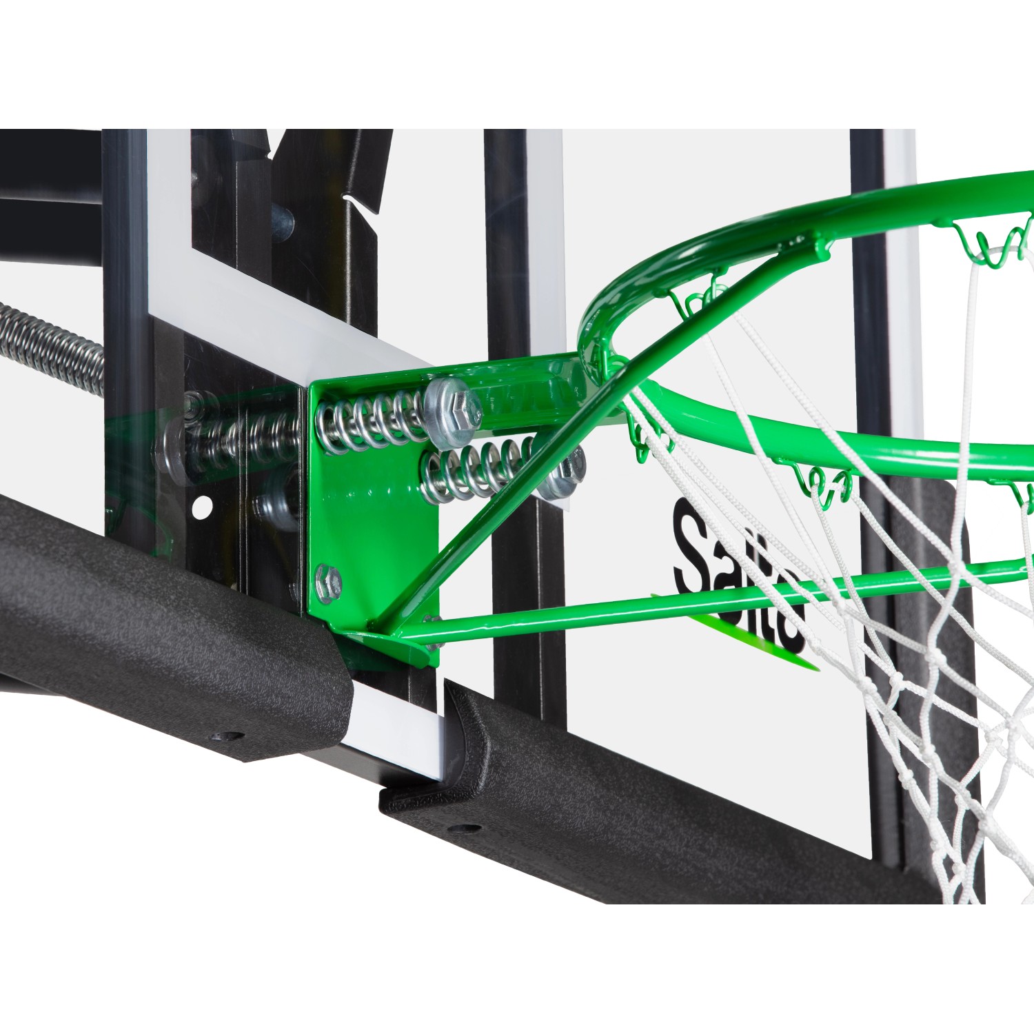 Detailaufnahme des grünen Dunkrings mit Netz am Salta Basketballständer.
