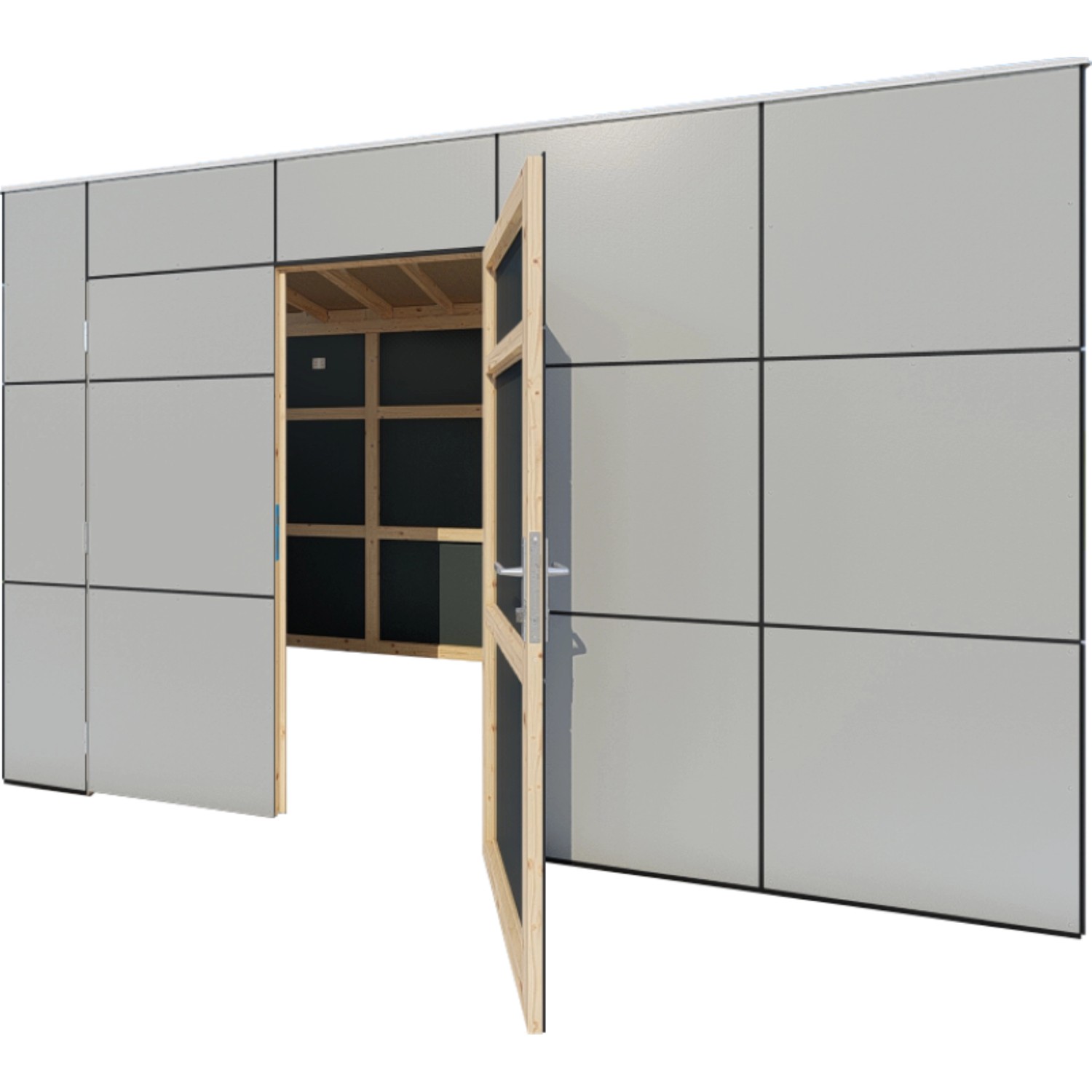 Modernes, anthrazit-graues Bertilo Gartenhaus HPL 2 mit geöffneter Doppeltür. Holz-Gartenhaus mit Flachdach.