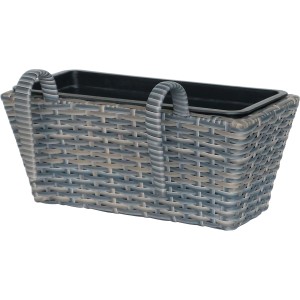 Balkonkasten aus Polyrattan in Anthrazit-Beige, 40x28x22 cm, mit herausnehmbarem Topf.