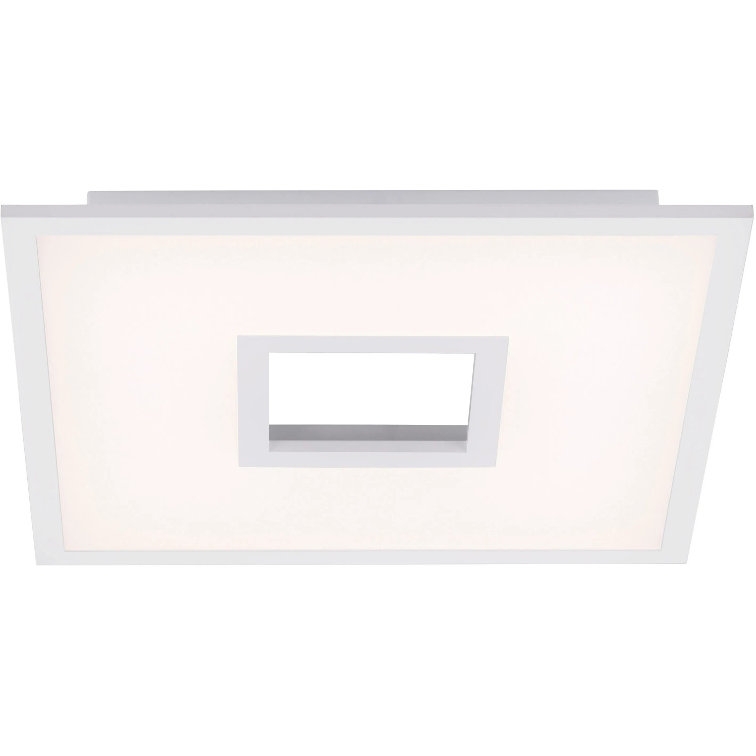 Quadratische, weiße LED-Deckenleuchte (45x45 cm) mit CCT-Funktion für variable Lichtfarbe.