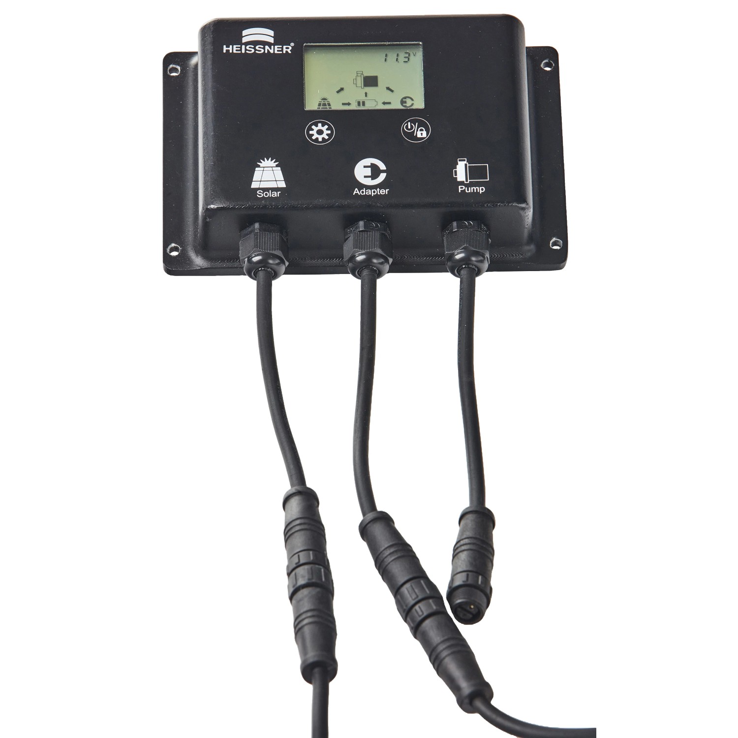 Heissner Hybridbox für Solar-Teichpumpen-Set mit Anschlüssen und Display.