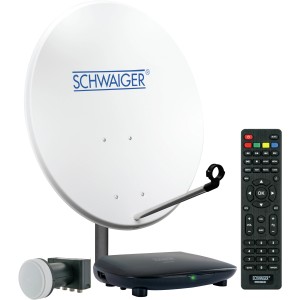 Schwaiger SAT Anlage SAT8440HD für 4 Teilnehmer mit Satellitenschüssel, Receiver und Fernbedienung.