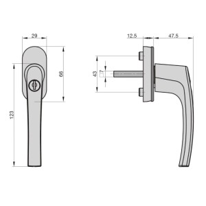Technische Zeichnung: Basi Fenstergriff FG 503, abschließbar, Silber, mit Maßangaben.