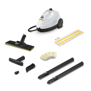 Kärcher Dampfreiniger SC 2 Easy Fix mit Zubehör: Bodendüse, Handdüse, Bürsten und Verlängerungsrohre.