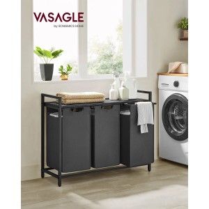 Vasagle Wäschesammler mit 3 Fächern (114L) in Schwarz-Grau mit Ablage im modernen Badezimmer.