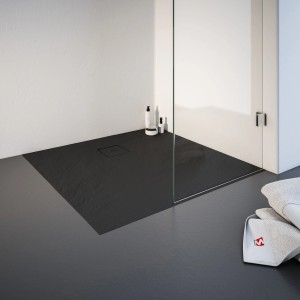 Quadratische, anthrazitfarbene Schulte Duschwanne ExpressPlus 100x100 cm aus Mineralguss mit Steinoptik.