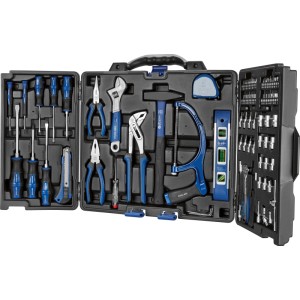 Offener LUX-TOOLS Werkzeugkoffer (89-tlg.) mit Werkzeugen wie Hammer, Zangen, Schraubendreher und Wasserwaage.
