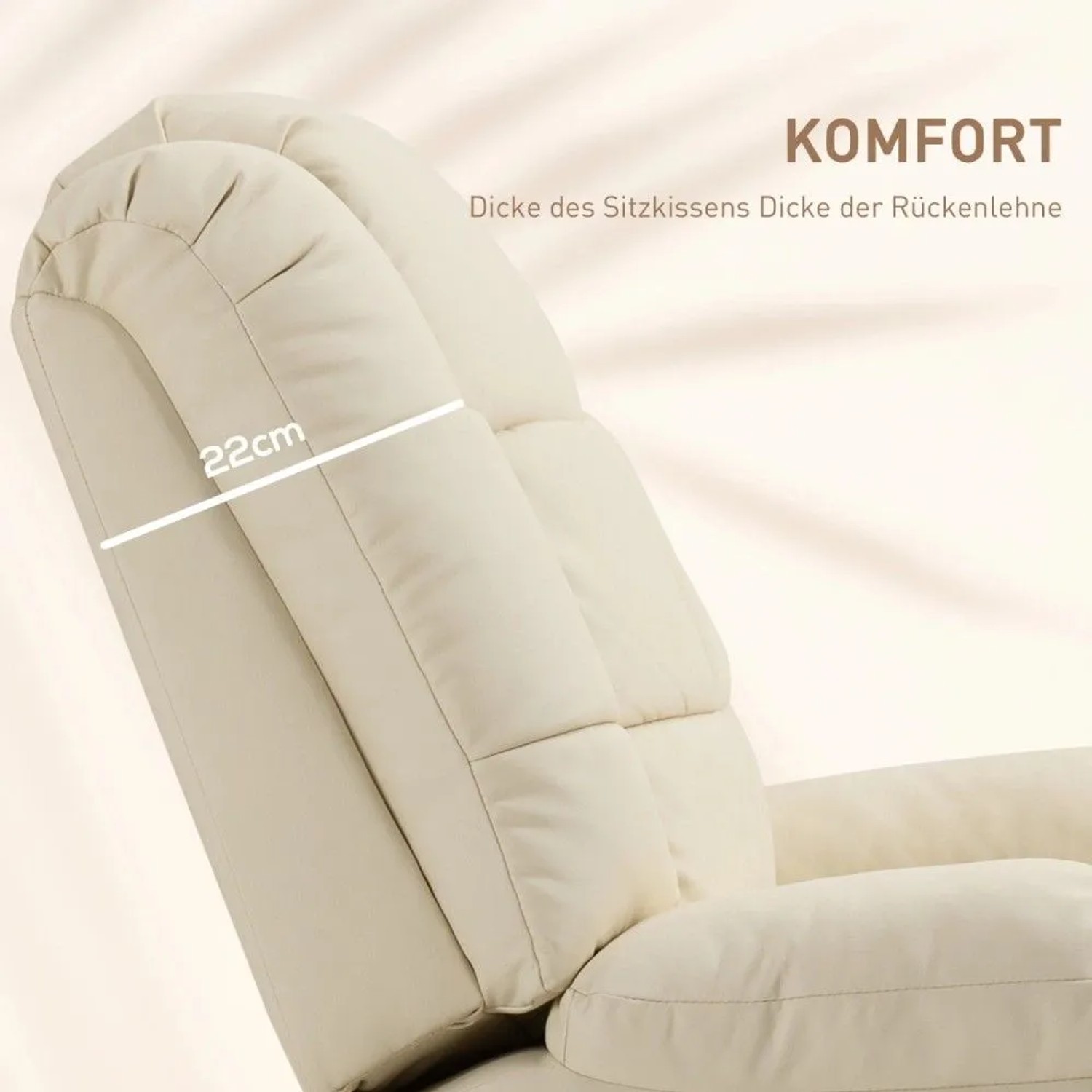 Cremeweißer HOMCOM Massagesessel: Detail der 22 cm dicken, komfortablen Kunstleder-Polsterung der Rückenlehne.