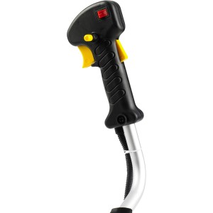 Detailaufnahme: Schwarzer Griff mit gelben Elementen und rotem Schalter des Texas Freischneiders BCU43.