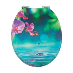 Ovaler Sinobath WC-Sitz mit Absenkautomatik, Orchideen- und Wasser-Design in Lila, Grün, Blau.