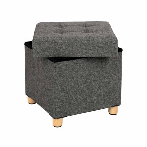 Grauer Songmics Sitzhocker mit Stauraum, quadratisch, mit Holzfüßen und abnehmbarem Deckel.