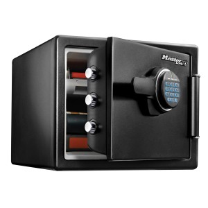 Offener, schwarzer Master Lock Sicherheitstresor LFW082FTC mit digitalem Zahlenschloss und Innenleben.
