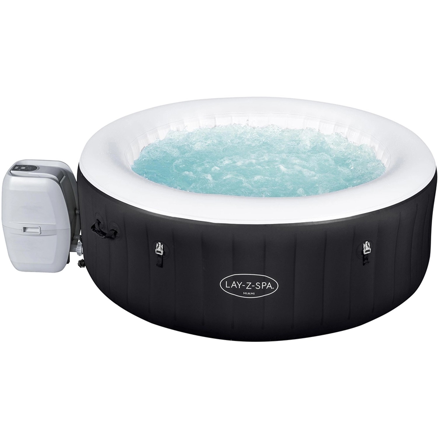 Bestway Lay-Z-Spa Miami AirJet, aufblasbarer, runder Whirlpool in Schwarz mit Pumpe und Wasser.