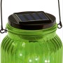 Grünes LED-Dekoglas Marrubio für den Außenbereich mit Henkel und Solarpanel.