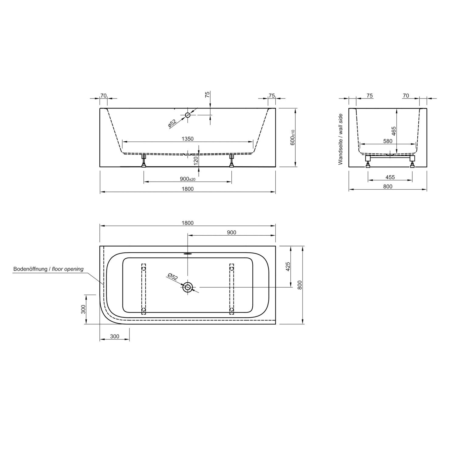 Technische Zeichnung Ottofond Whirlpool-Komplettset Spirit 180x80 cm, Maße und Details.