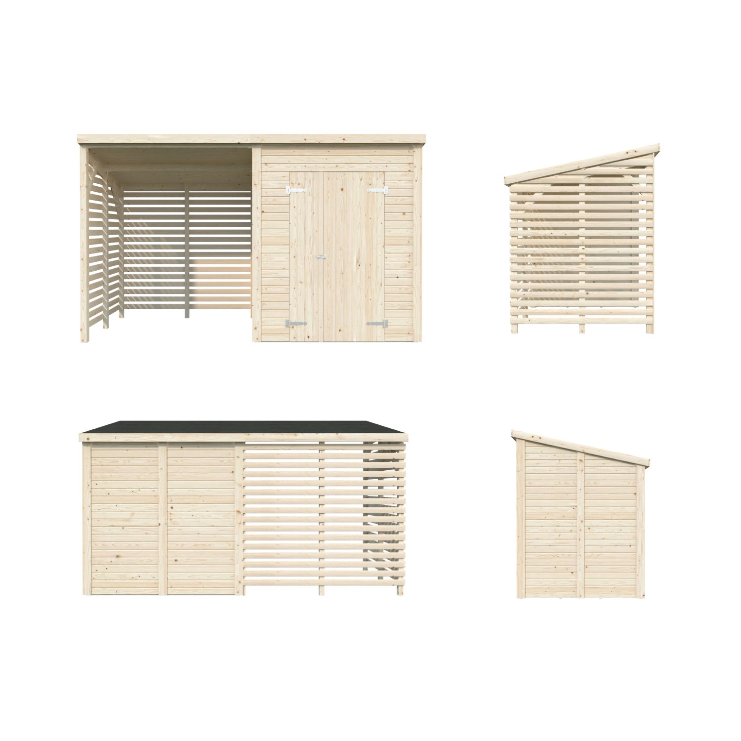 Palmako Gerätehaus Leif, 370x170 cm, hellgrau lackiert, mit Doppeltür und offenem Bereich für Brennholz.